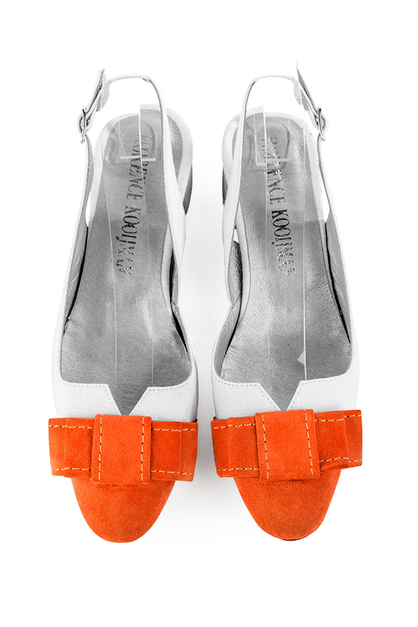 Clementine orange and pure white women's open back shoes, with a knot. Round toe. Low flare heels. Top view - Florence KOOIJMAN